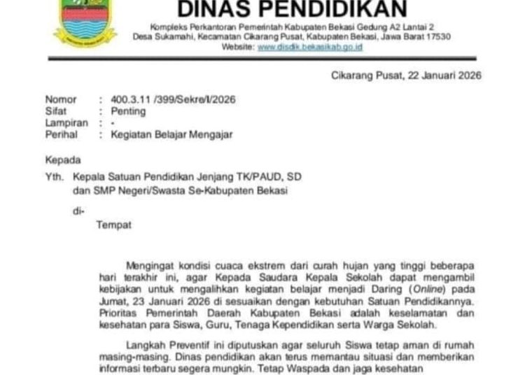 Disdik Kabupaten Bekasi Instruksikan Pembelajaran Jarak Jauh Akibat Cuaca Ekstrem